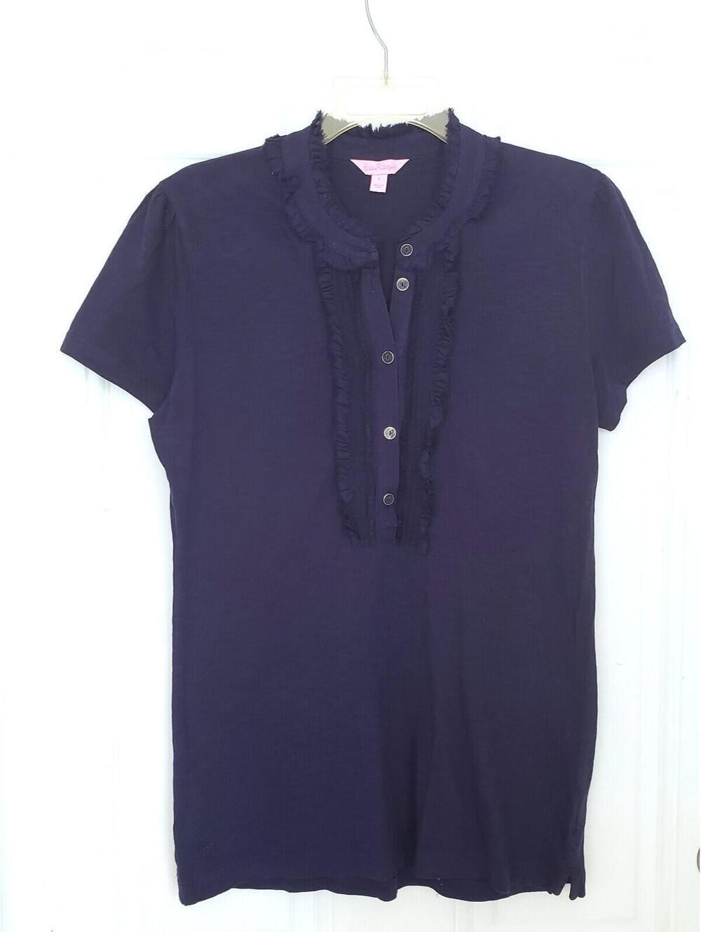 Lilly Pulitzer Navy Blue Ruffle Front Blouse  Button Short Sleeve Top Golf Sz L